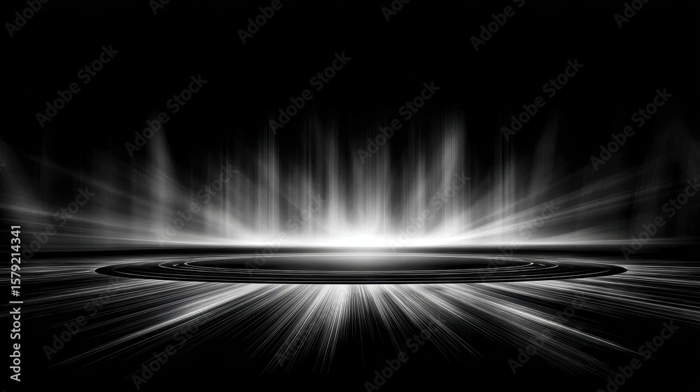 Poster abstract black background with dynamic light rays emanating from a circular base, creating depth