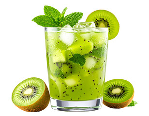 Realistic Kiwi Caipirinha Cocktail with Ice and Mint, Transparent PNG