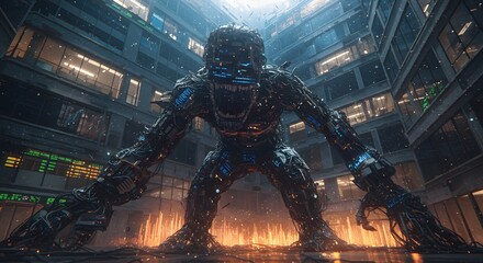 Cybernetic Primate Colossus in Urban Ruin