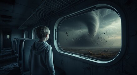 Fototapeta premium Young boy watches a massive destructive tornado from inside a dark abandoned train car
