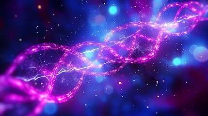 A vibrant, dynamic DNA particle complex in bright magenta and electric blue, particles swirling around the strands in a spiral motion, captured in high-resolution 3D.