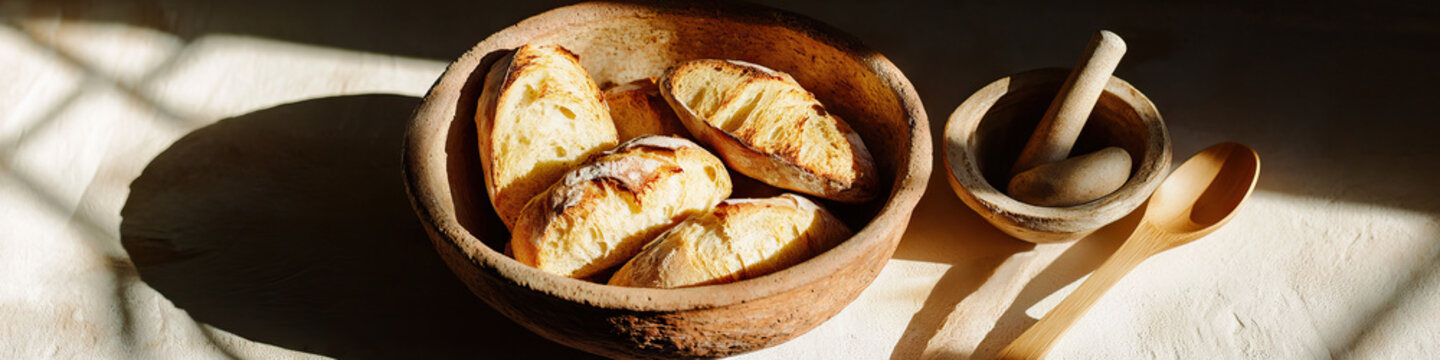 Artisan Bread in Terracotta Bowl with Mortar, Pestle, and Wooden Spoon