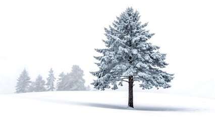 A lone snow covered fir tree stands in a winter wonderland