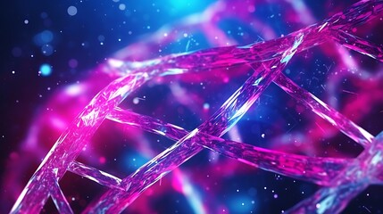 A vibrant, dynamic DNA particle complex in bright magenta and electric blue, particles swirling around the strands in a spiral motion, captured in high-resolution 3D.