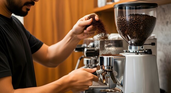 A barista adds fresh ground coffee to a portafilter from a coffee grinder, Preparing espresso with freshly ground coffee beans in a commercial setting