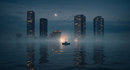 A lone boat navigates through foggy waters towards a city skyline with illuminated skyscrapers under a moonlit sky.