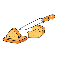 A hand slices through a loaf of bread with a sharp knife, creating even, golden-brown slices. Crumbs scatter as the fresh aroma of baked bread fills the air.
