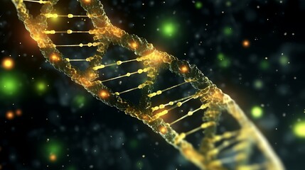 A vibrant, high-resolution 3D illustration of a DNA double helix, surrounded by tiny protein particles, illuminated with soft green and yellow lights against a black backdrop.