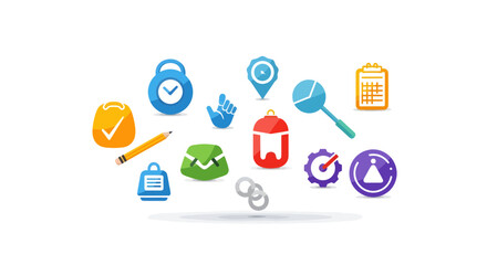 Creative Icons Collection Showcasing Business Tools and Time Management Concepts in a Minimalist Digital Environment