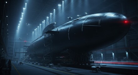 Colossal futuristic submarine in a dimly lit underground dry dock hangar