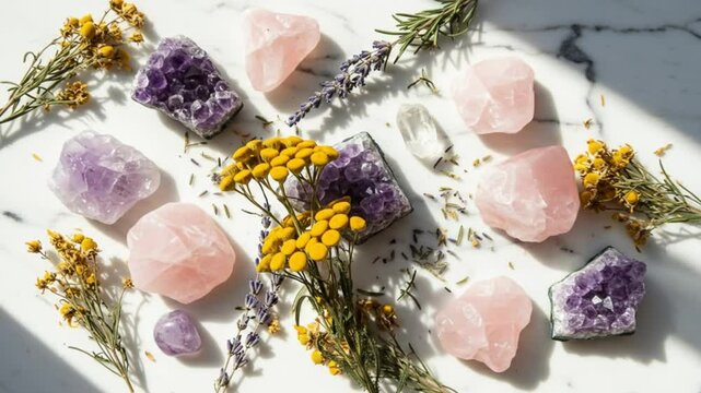 Healing crystals and dried flowers on marble
