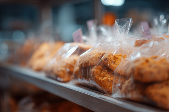 Freshly baked cookies in clear bags on bakery shelf