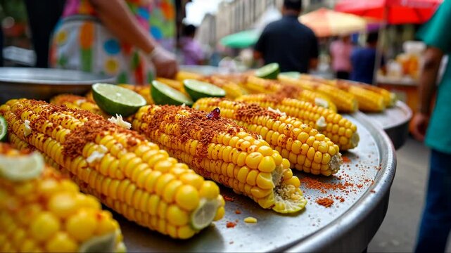 Street vendor preparing elote, the grilled corn covered in cheese, chili powder, and lime. The background is filled with people during Cinco de Mayo. Independence Day. Fiesta and festival.
