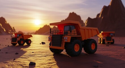 Fototapeta premium Heavy duty orange dump trucks on rugged mining terrain at sunset