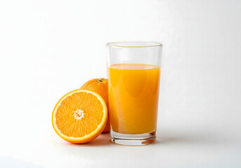 Tall glass of fresh orange juice beside whole and sliced ripe orange on white background