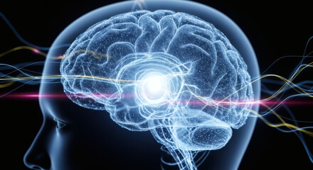 3D Rendered Human Brain with Neural Pathways.