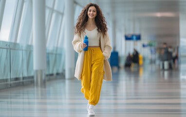  A full-body photo of a beautiful woman walking in an airport, wearing yellow wide-leg pants and white sneakers, smiling at the camera and holding a blue water bottle, with long, curly brown hair.
