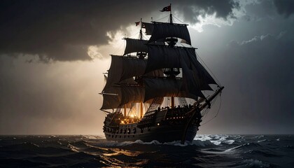 Fototapeta premium Dark Pirate Ship Sailing in Rough Ocean Under Stormy Sky