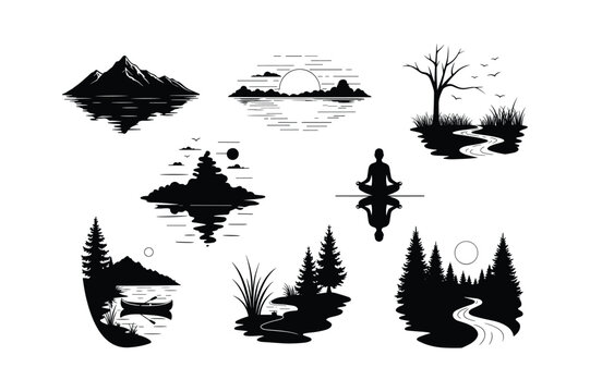 Mountain lake sunset meditation trees canoe river birds silhouette reflection