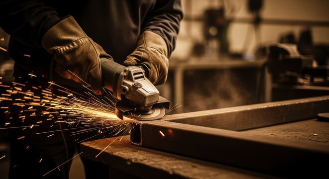 Industrial worker cutting steel with an angle grinder, creating bright sparks in a workshop