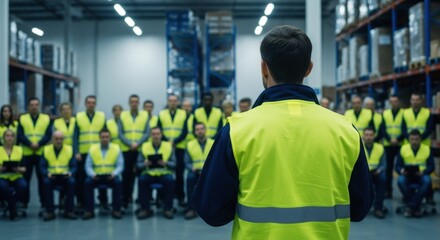 Male supervisor in safety vest leading a team of industrial workers in a large warehouse