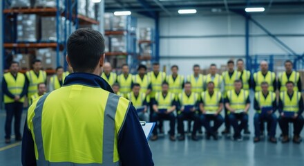 Male project leader in high visibility vest addressing a team of workers in a warehouse meeting