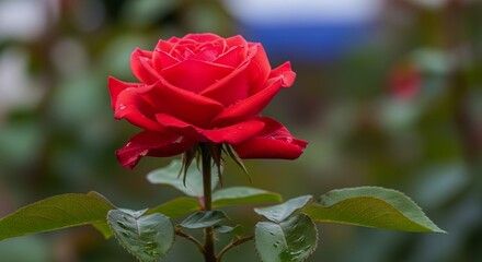 Obraz premium Vibrant red rose in full bloom with dew drops on petals and green leaves