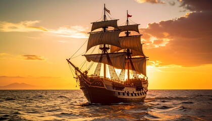 Obraz premium Pirate Ship at Sea with Dramatic Sunset and Ocean Reflection