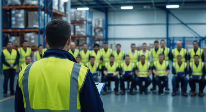 Male project leader in high visibility vest addressing a team of workers in a warehouse meeting