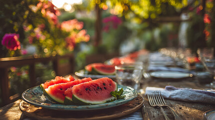 Fresh Watermelon Slices on a Rustic Wooden Table in a Vibrant Garden at Sunset