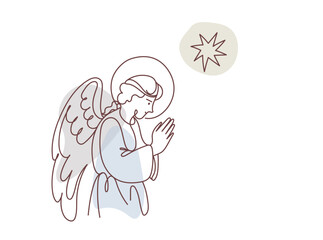 Angel with halo in prayer gesture, divine being with wings looking down, religious concept for Christmas and holiday graphic. Vector line art hand drawn  illustration.