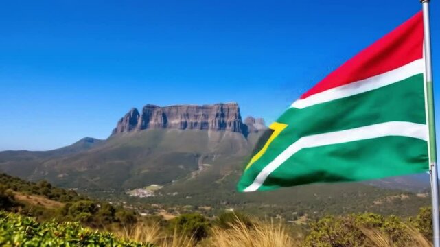 Majestic landscapes of Mount Moco, Huambo, Angola, waving flag against blue sky backdrop
