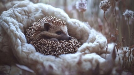 Fototapeta premium Hedgehog nestled in a soft, beige blanket among dried flowers