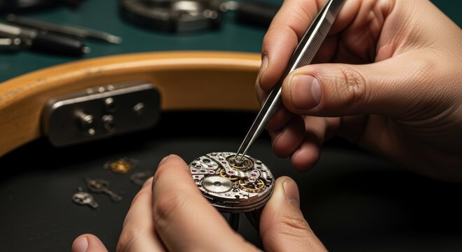 Watchmaker hands assembling intricate mechanical watch mechanism with precision tweezers