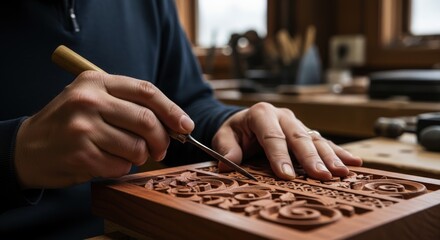 Artisan hands carving intricate details into wood with a chisel in a workshop