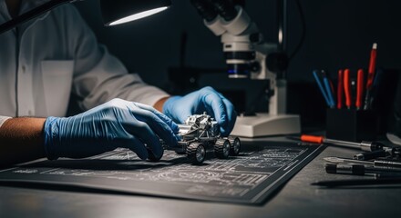 Engineer hands in blue gloves meticulously adjusting a lunar rover model on a technical blueprint