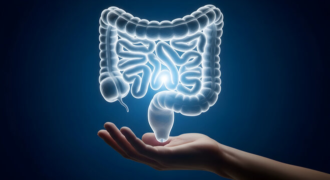 Radiant human intestines held gently in an open palm against a deep blue backdrop