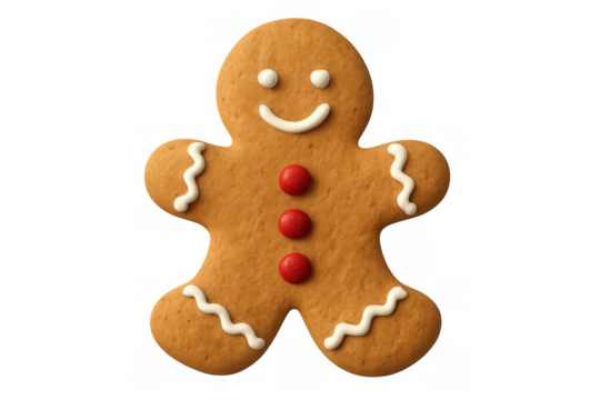 Gingerbread man cookie decorated with white icing and red buttons smiling on transparent background, perfect for christmas projects