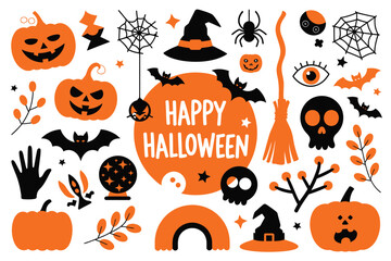 Halloween Clip Art Set with Mystical Elements, Hand Drawn Style, Abstract Doodles, Magic Symbols, Bohemian Aesthetic, and Contemporary Creative Vector Illustration Collection