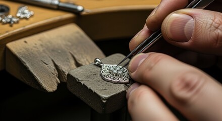 Fototapeta premium Master jeweler meticulously setting sparkling diamonds into an ornate silver pendant