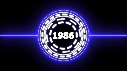 Animated digital display featuring the year 1986 within a glowing neon circle on a dark background