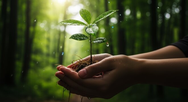 Hands gently holding a vibrant green sapling with water droplets in a lush forest