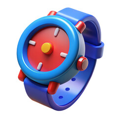 A colorful cartoonish digital wristwatch with a blue band and a red face featuring a yellow button and white hour markers
