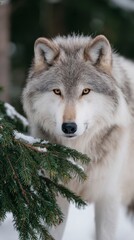 Obraz premium Close up of a gray wolf with amber eyes in a snowy evergreen forest setting