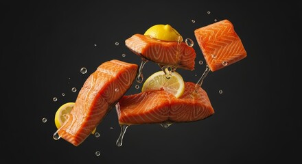 Fresh salmon fillets with lemon slices and oil splashes suspended in mid air
