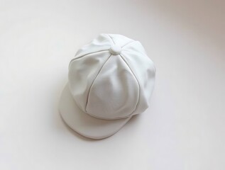 Minimalist White Leather Hat on a Neutral Surface, Top-Down Perspective