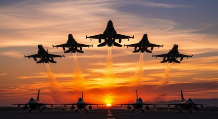 Silhouette of fighter jets taking off and flying in formation at dramatic sunset