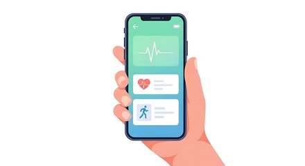 Hand holding smartphone with health monitoring app, illustration with minimalist design
