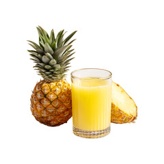 Freshly squeezed pineapple juice in a glass with whole fruit and slice isolated on transparent background