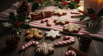 Festive christmas flat lay with decorated gingerbread man, snowflake, and candy cane cookies